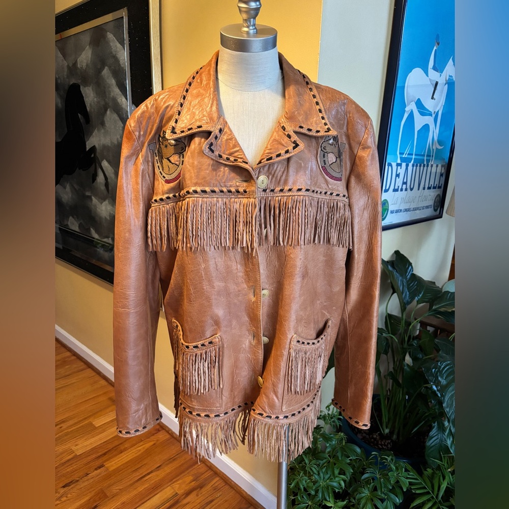 double d ranch horse head fringe leather jacket coat
